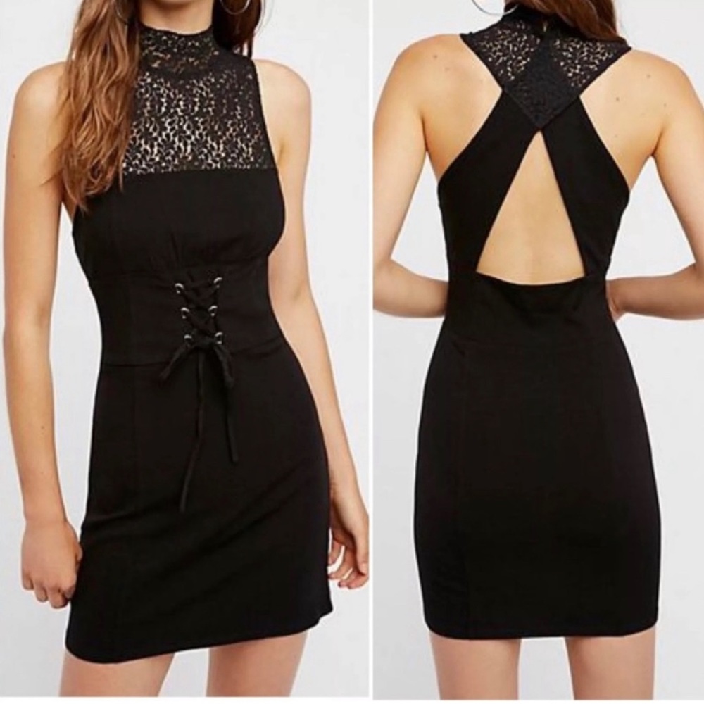 Free People Lace Bodycon Corset Front Black Dress